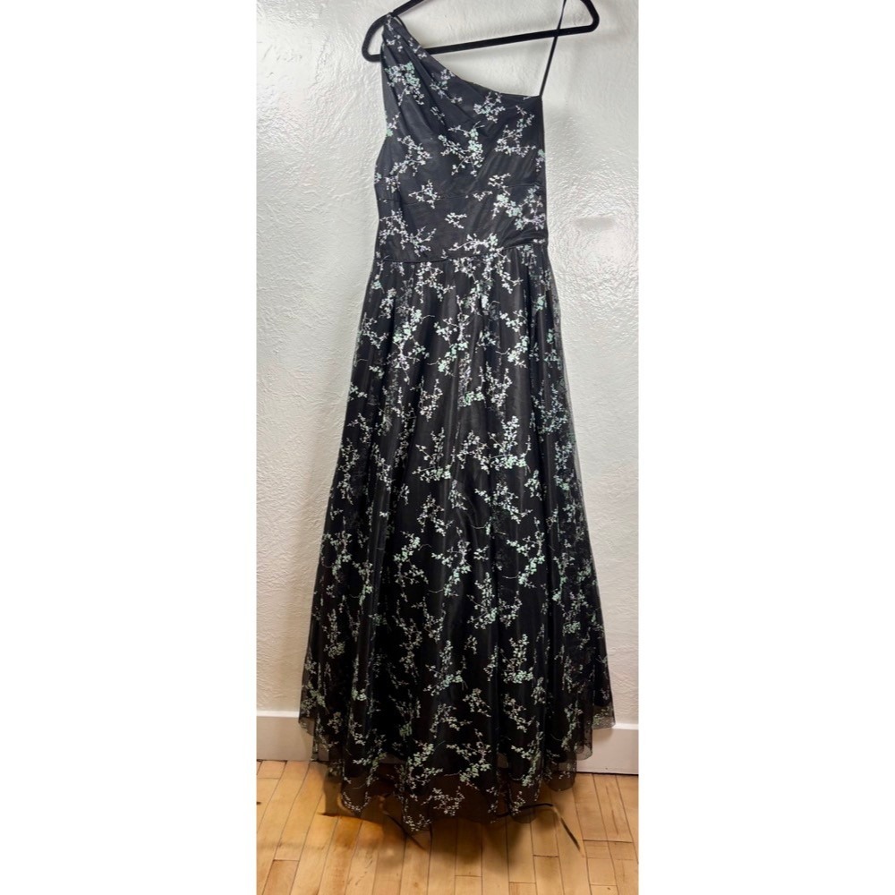 Blondie Nites Black Floral One Shoulder Prom Dress Sz 11 Glitter Fairytale‎ Goth